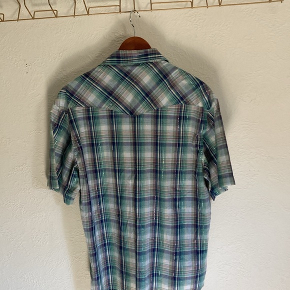 Men’s Vintage sparkle Pearl snap button up large Rustler teal blue purple cowboy - Picture 9 of 9